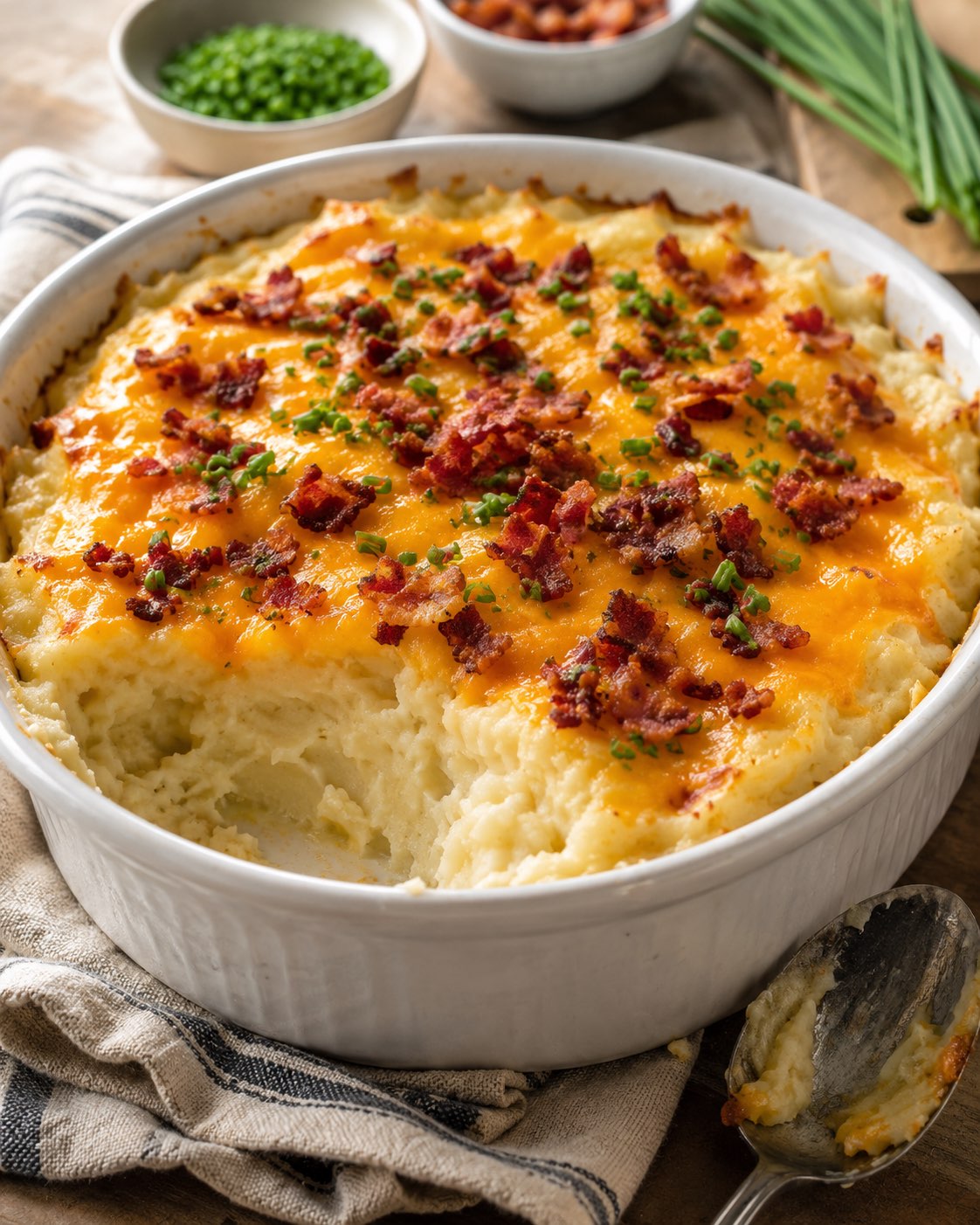 Creamy Twice Baked Mashed Potatoes Casserole