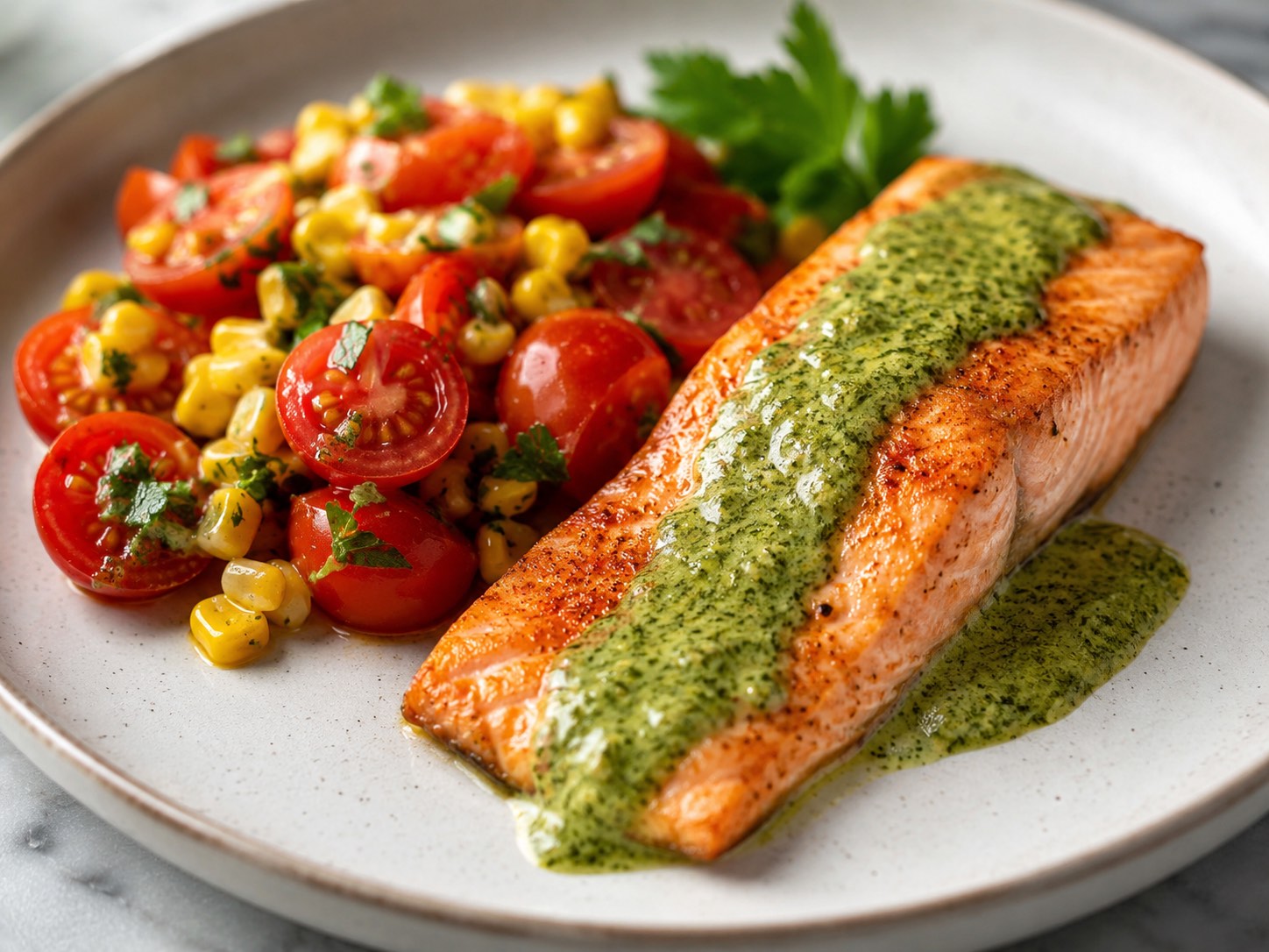 Roasted Salmon with Basil Sauce and Tomato Salad