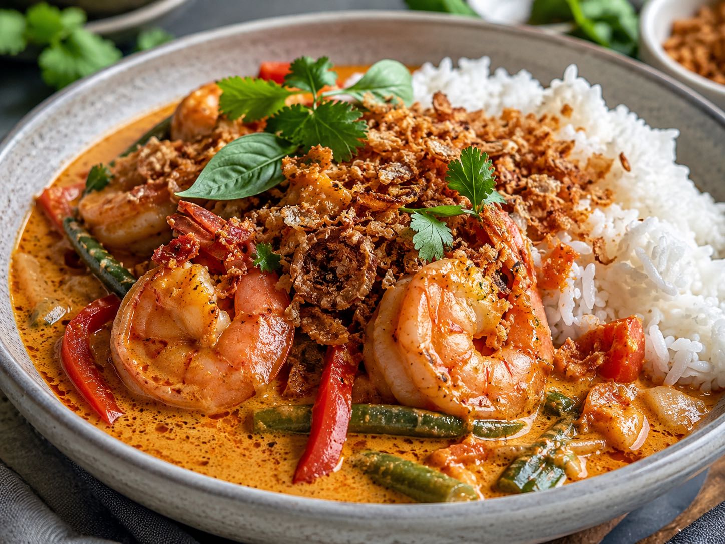 Aromatic Thai Shrimp Curry with Yummy Shallot Crispies