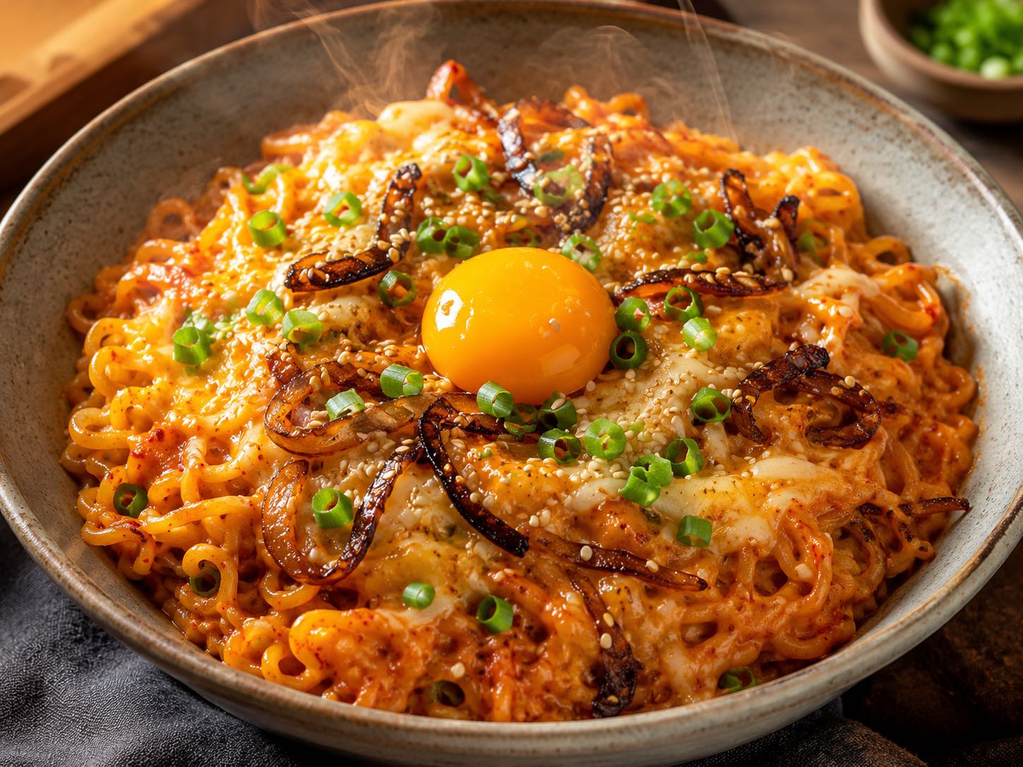 Spicy Ramyun with Caramelized Onions and Creamy Egg Yolk