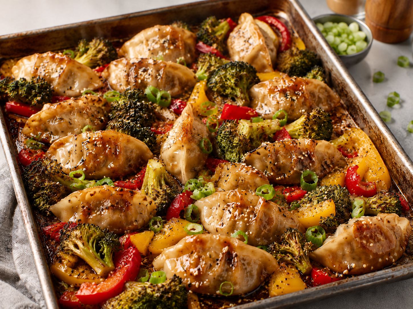 Sheet Pan Sesame Garlic Dumpling Bake