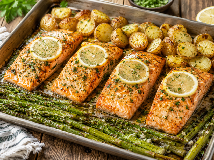 Sheet Pan Garlic Butter Salmon and Asparagus with Roasted Potatoes