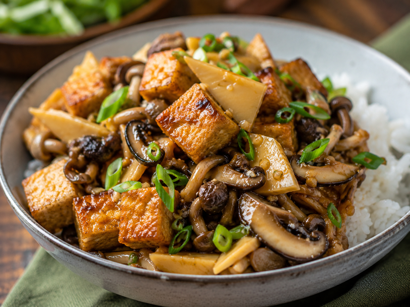 Crispy Tofu and Mushroom Stir-Fry with Bamboo Shoots