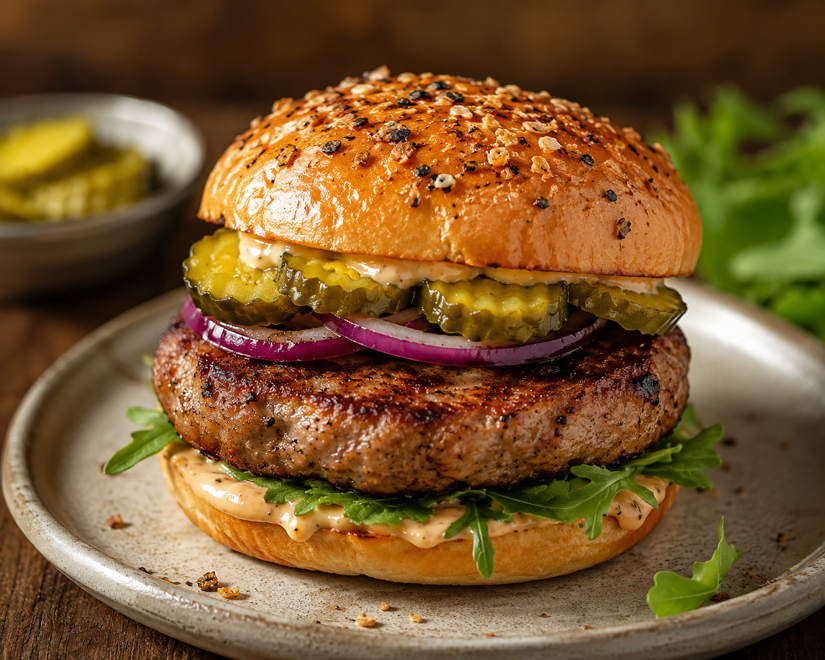 Gourmet Seasoned Pork Burgers with Tangy Pickles