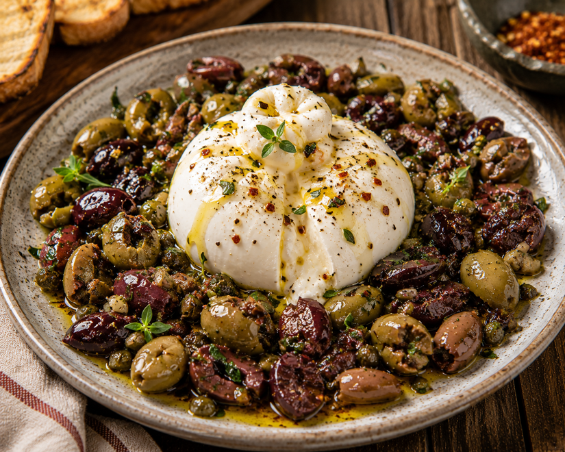 Warm Smashed Olives with Fresh Burrata
