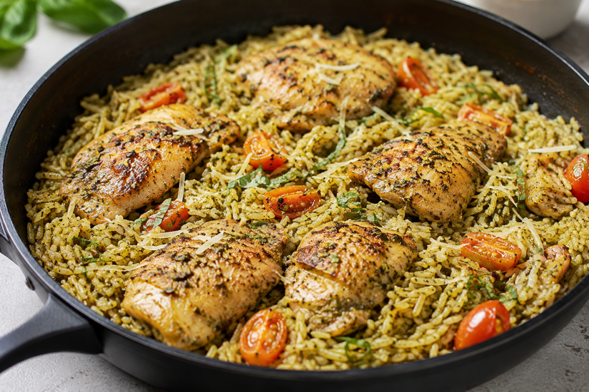 One-Skillet Basil Pesto Chicken and Rice