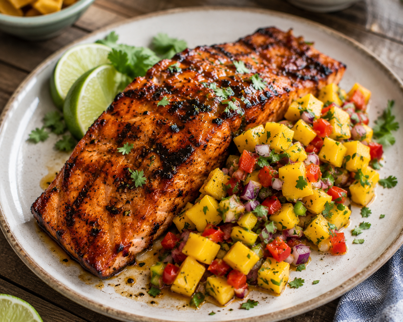 Grilled BBQ Salmon with Sweet Mango Salsa