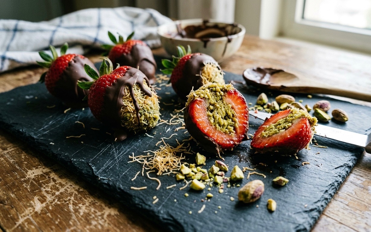 Dubai Chocolate Pistachio Stuffed Strawberries