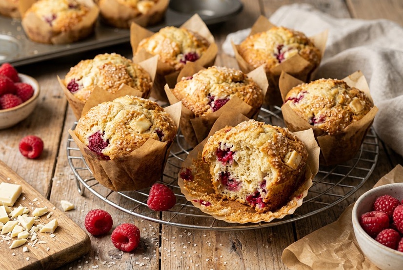 Bakery-Style White Chocolate Raspberry Muffins