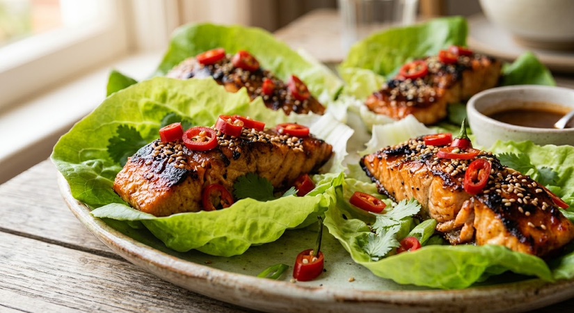 Miso BBQ Marinated Salmon Lettuce Wraps