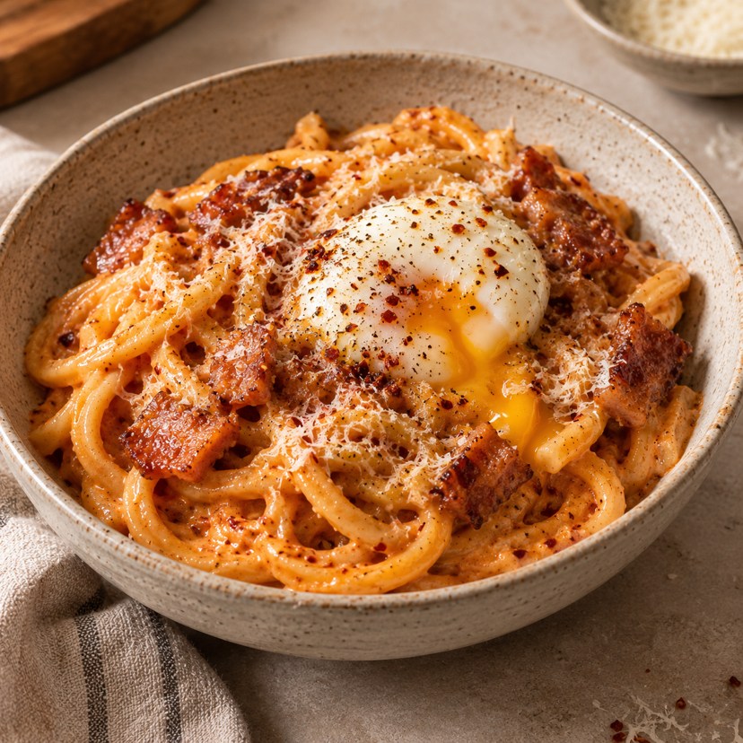 Udon Carbonara Cremoso con Gochujang (Fusión Viral)