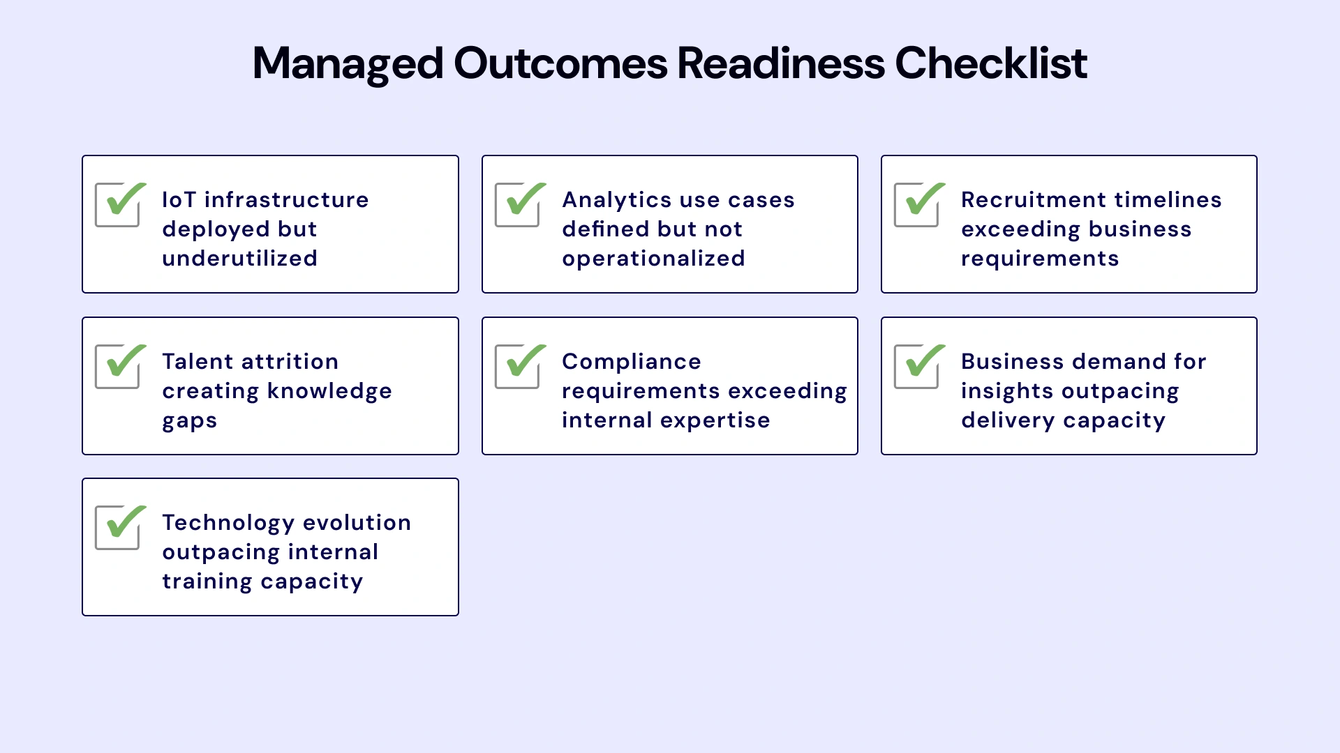 Checklist framework for enterprise leaders to evaluate readiness for managed IoT services with seven key indicators.