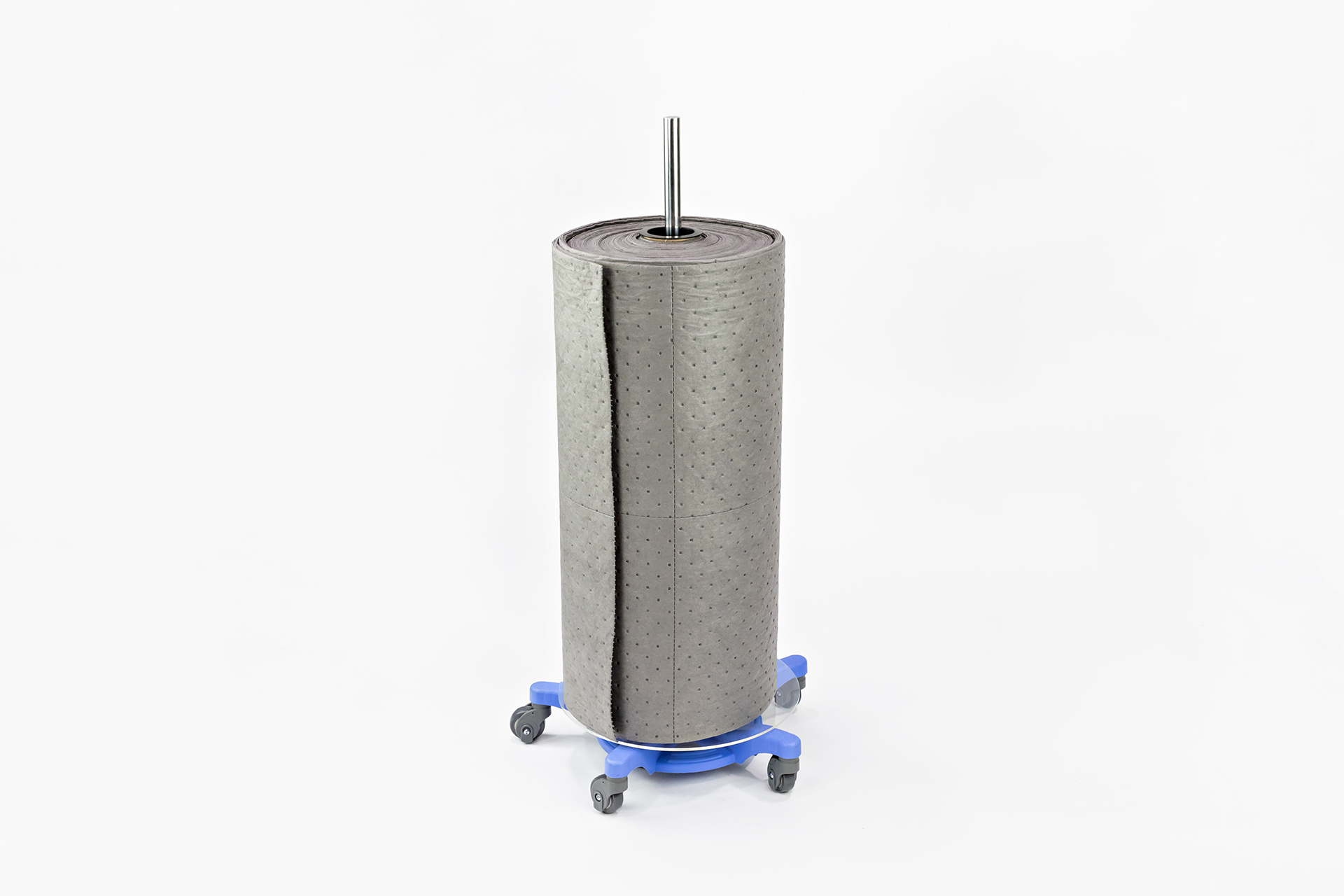 Lightweight absorbent floor mat e-roll by Typenex Medical. Mounted on a blue, 5-wheeled floor mat roll cart.