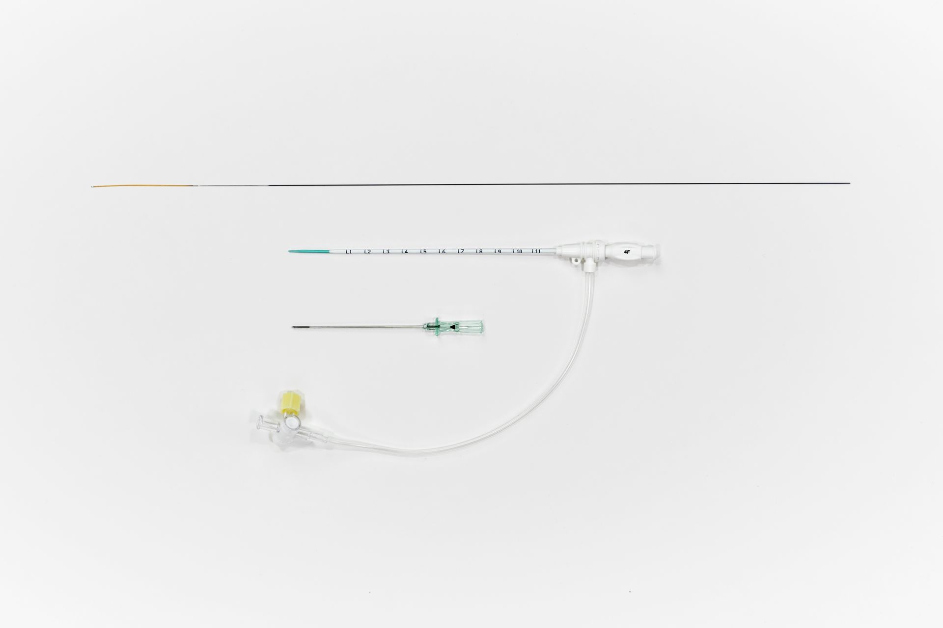 Typenex Medical Micro-Introducer Kit MS0244. Nitinol guidewire, marked sheath, green dilator, and echogenic needle.