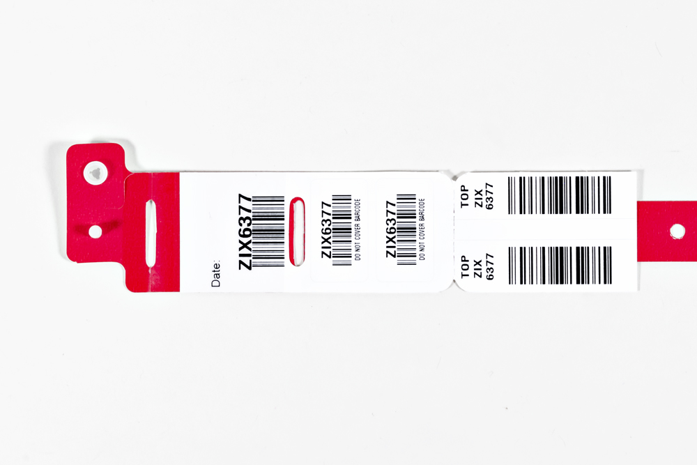 Red Typenex Medical Barcode Plus Condensed hospital patient blood band (C4001) with unique BBID and barcode symbology GS1-128.