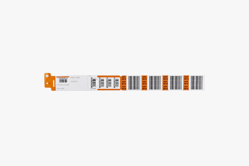 Orange Typenex Medical Barcode Plus Handwritten patient blood band (4R5082) with plastic overlay and barcode symbology.