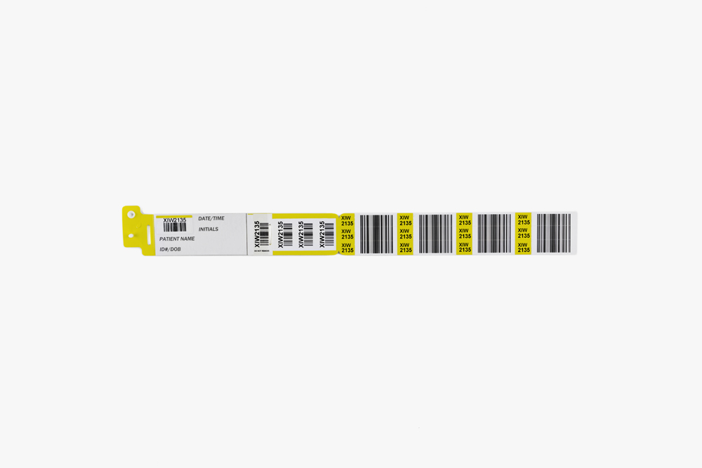 Yellow Typenex Medical Barcode Plus Handwritten patient blood band (4R5080) with plastic overlay and barcode symbology.