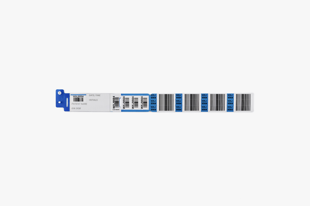 Blue Typenex Medical Barcode Plus Handwritten patient blood band (4R5081) with plastic overlay and barcode symbology.