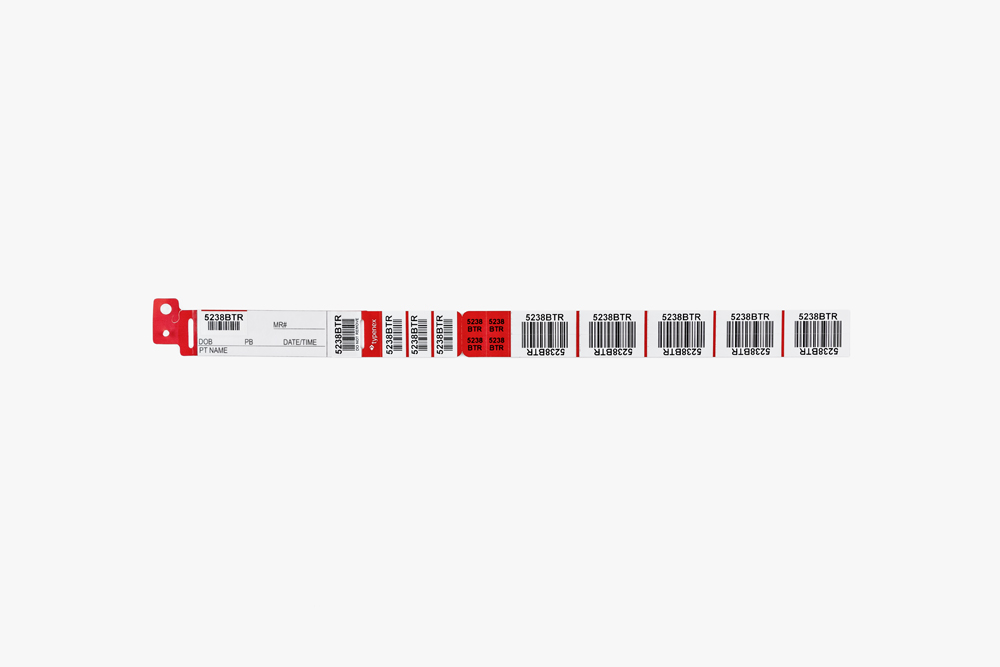 Red Typenex Medical Barcode Plus Slim Handwrittten blood band (4R5378) with plastic overlay and barcode symbology.