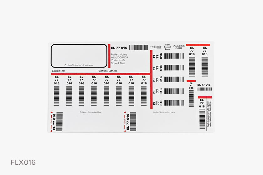 Typenex Medical CheckDigit Condensed Form (FLX016) with unique BBID, patient prompts, and barcode symbology GS1-128.