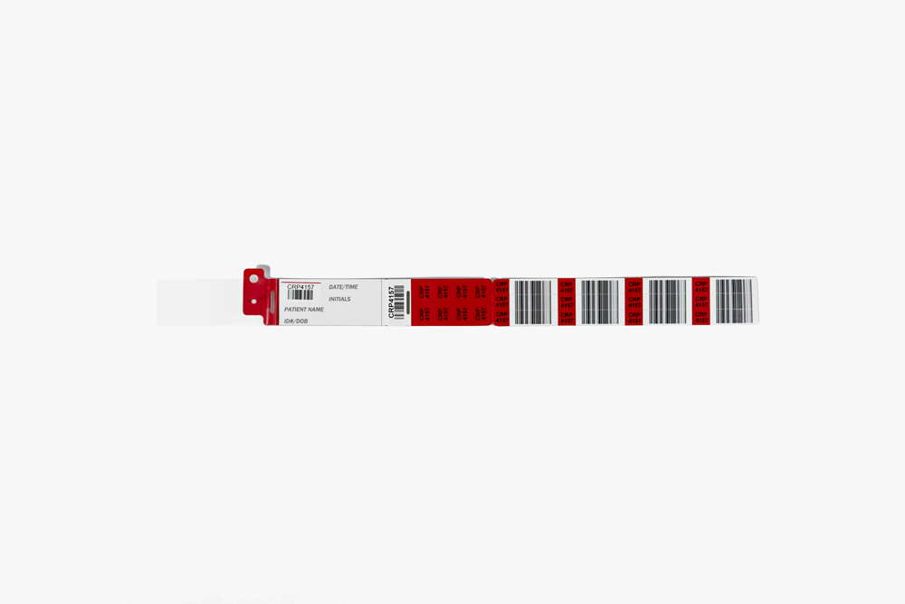 Red Typenex Medical CheckDigit Handwritten Blood Band (4R5878), with plastic overlay and barcode symbology GS1-128.