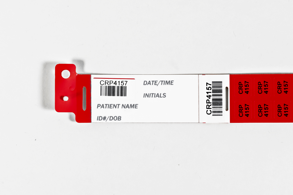 Red Typenex Medical CheckDigit Handwritten Blood Band (4R5878), with unique BBID and barcode symbology GS1-128.