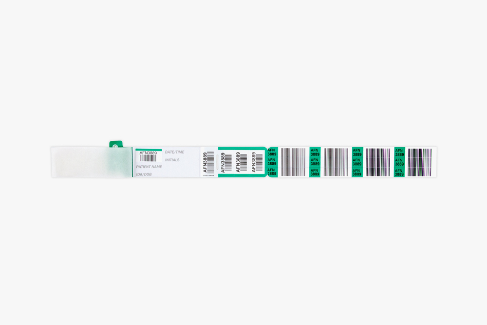 Green Typenex Medical CheckDigit Handwritten Blood Band (4R4996), with unique BBID and barcode symbology GS1-128.