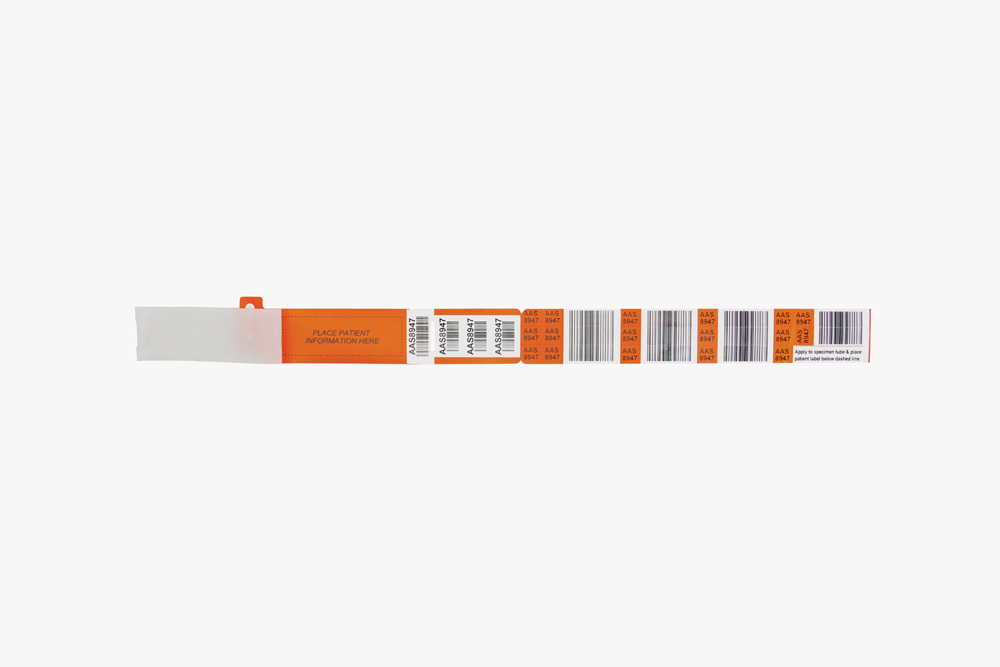 Orange Typenex Medical CheckDigit Label Blood Band (4R4994), with plastic overlay and barcode symbology GS1-128.