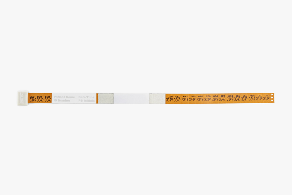 Orange Typenex Medical Original patient Blood Band (4R4612) with prompts, alphanumeric code, self-cutting clip.