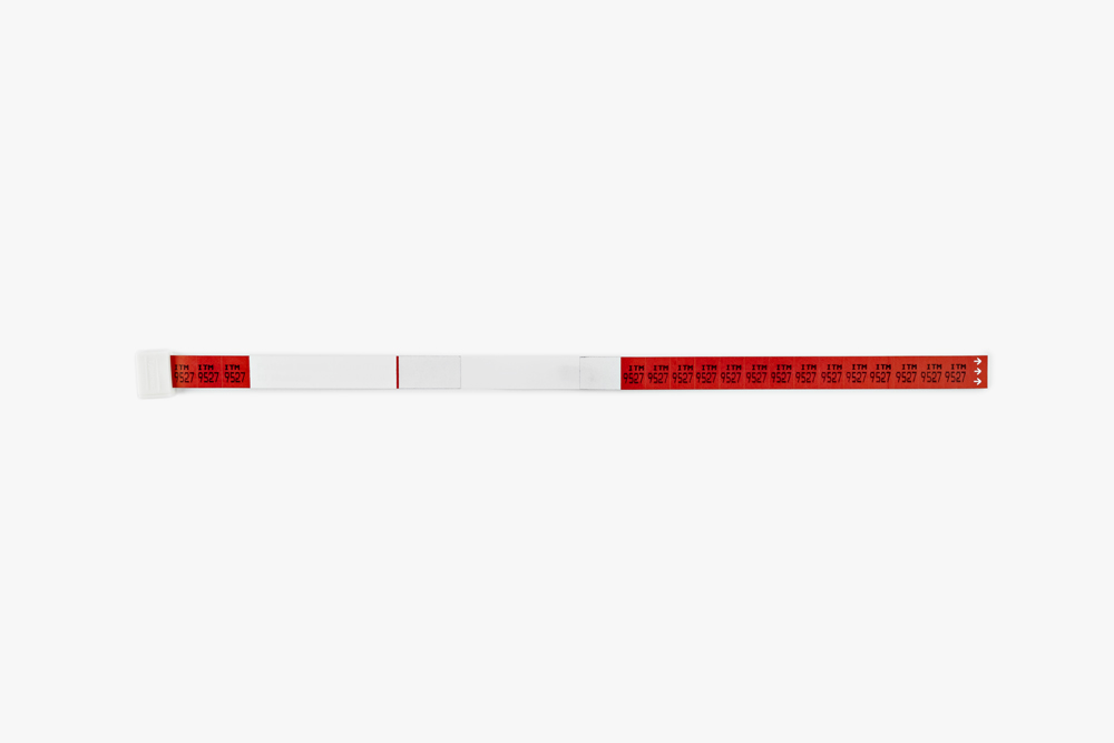 Red Typenex Medical Original patient Blood Band (4R4608) with prompts, alphanumeric code, self-cutting clip.