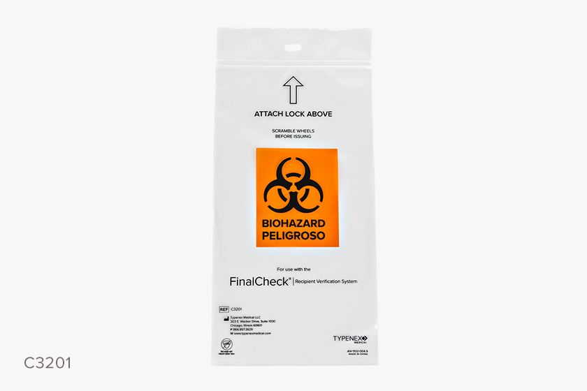 Typenex Medical's single-use FinalCheck patient recipient verification lock (C3201) in white bag with biohazard symbol.