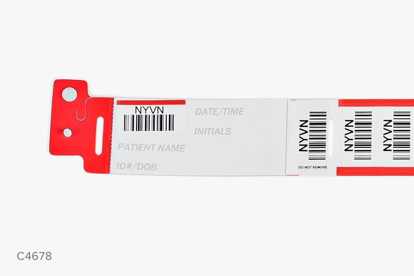 Close-up of Typenex Medical FinalCheck patient recipient verification red blood band (C4678) with prompts.