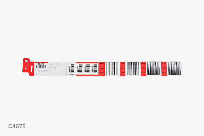 Red Typenex Medical FinalCheck patient recipient verification admission band (C4678) with prompts and barcodes.