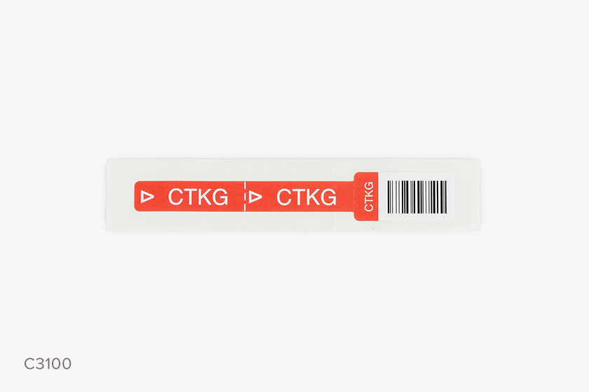 Close-up of red Typenex Medical non-barcoded Slim 3 blood band (AB0101R) with handwritten patient data.