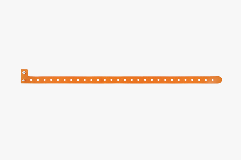 Typenex Medical R3 Reattachment System, an orange patient identification wristband extension with spacing holes and clasp.