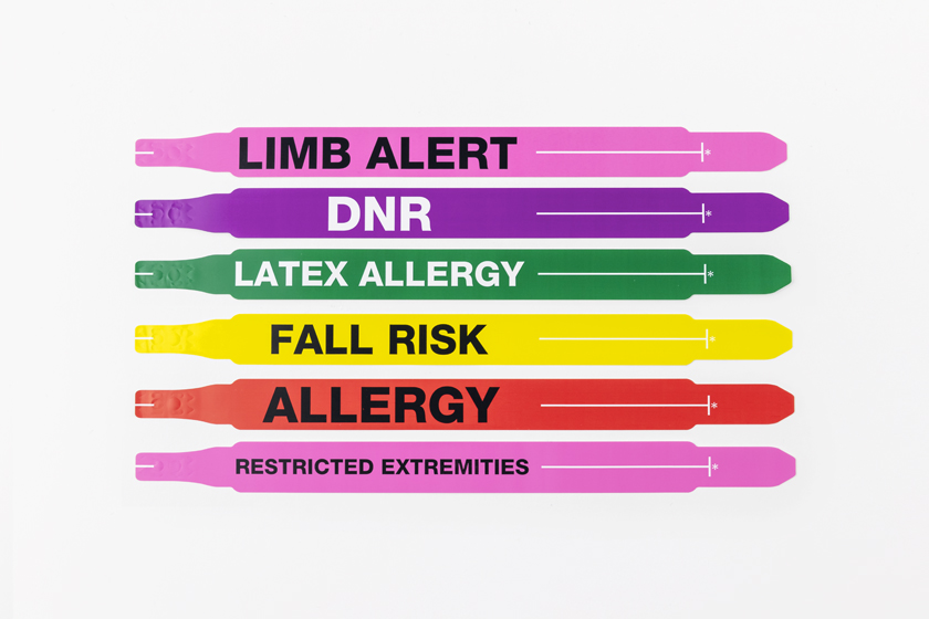 AxisID Alert Bands: Pink Limb Alert, purple DNR, green Latex Allergy, yellow Fall Risk, red Allergy, pink Restricted Extremities