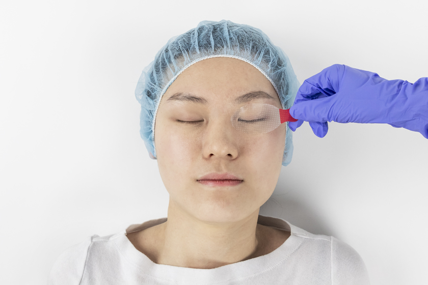 Gloved hand holding Eye Safety Tape by non-adhesive red tab, placing onto patient's closed eyelid.