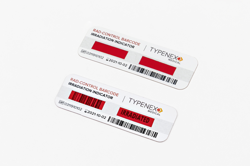 Typenex Medical Rad-Control Barcode indicator tags. Top: Pre-irradiation. Bottom: Post-irradiation, verified.