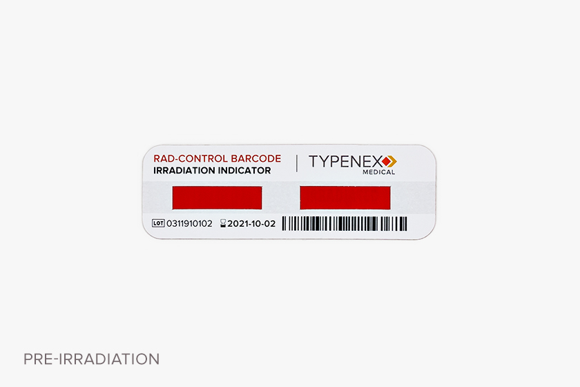 Typenex Medical Rad-Control barcoded indicator tag, prior to irradiation.