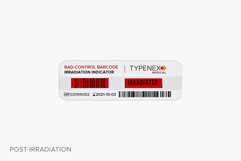 Typenex Medical Rad-Control barcoded indicator tag, post-irradiation. Verification barcode visible and "IRRADIATED" in print.