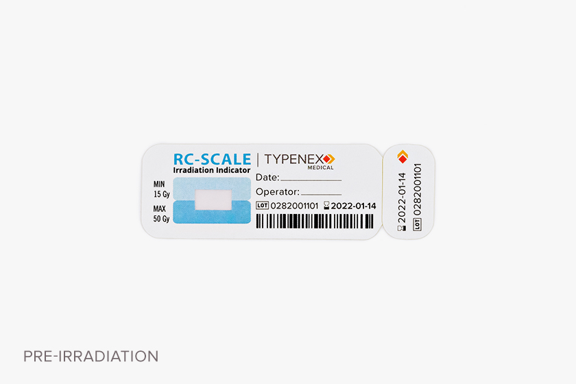 Typenex Medical Rad-Control Scale blue semi-quantitative indicator tag, prior to irradiation.