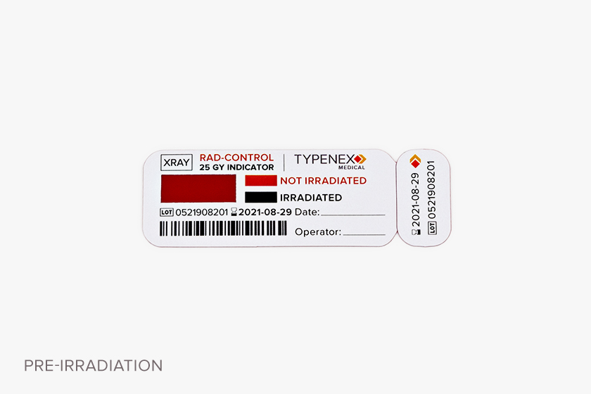 Standard Typenex Medical Rad-Control color-transitioning indicator tag, red prior to irradiation.