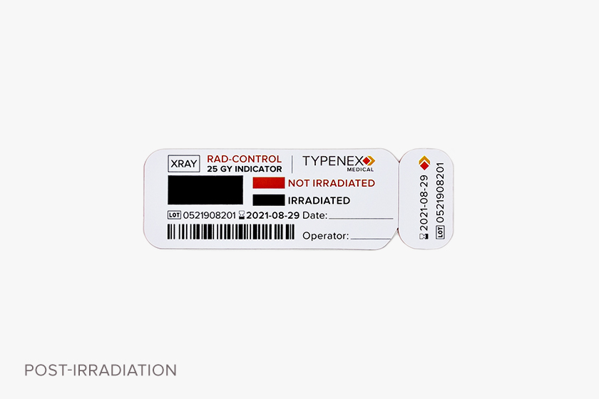 Standard Typenex Medical Rad-Control black color-transitioning indicator tag, verified post-irradiation.