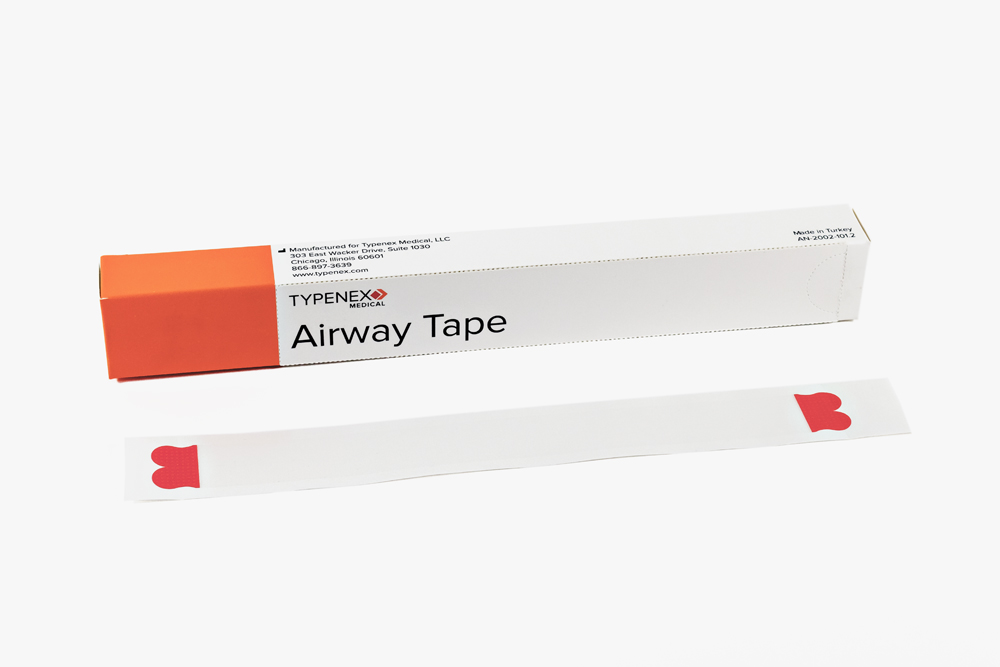 Airway Tape Endotracheal Tube Fastener by Typenex Medical. Pre-cut 11-inch strips with red adhesive tabs at each end.