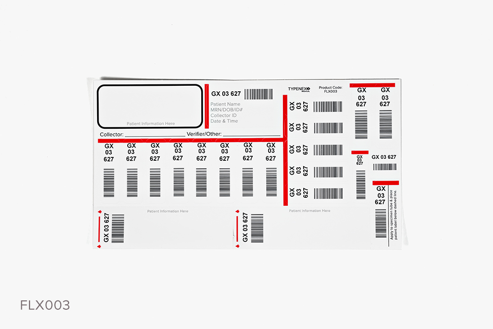 Typenex Medical Flexi 2.1 General Form (FLX003) with unique BBID, patient prompts, barcode symbology GS1-128.