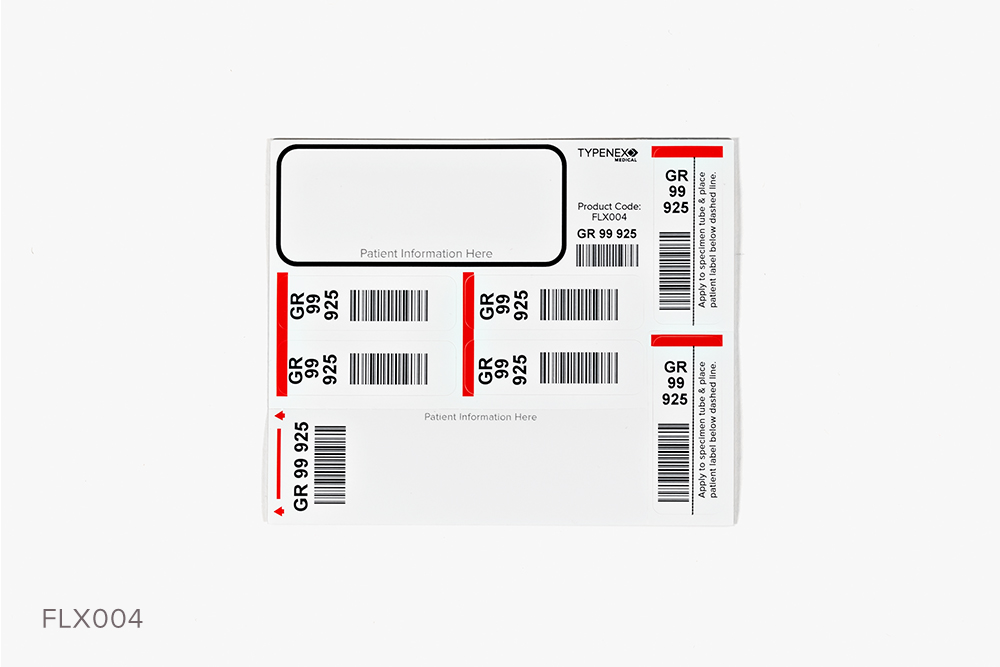 Typenex Medical Flexi 2.1 Condensed Form (FLX004) with unique BBID, patient prompts, barcode symbology GS1-128.