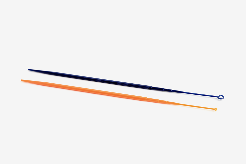 Dark blue rigid inoculating loop and orange rigid inoculating loop, both featuring hexagonal grip shafts.