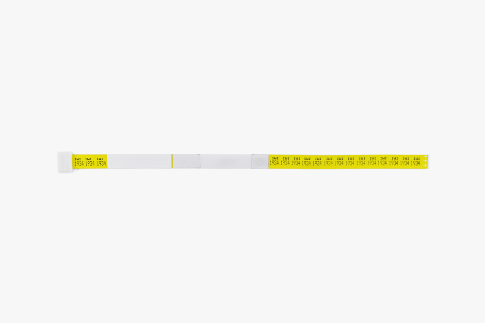 Yellow Typenex Medical Original patient Blood Band (4R4610) with prompts, alphanumeric code, self-cutting clip.