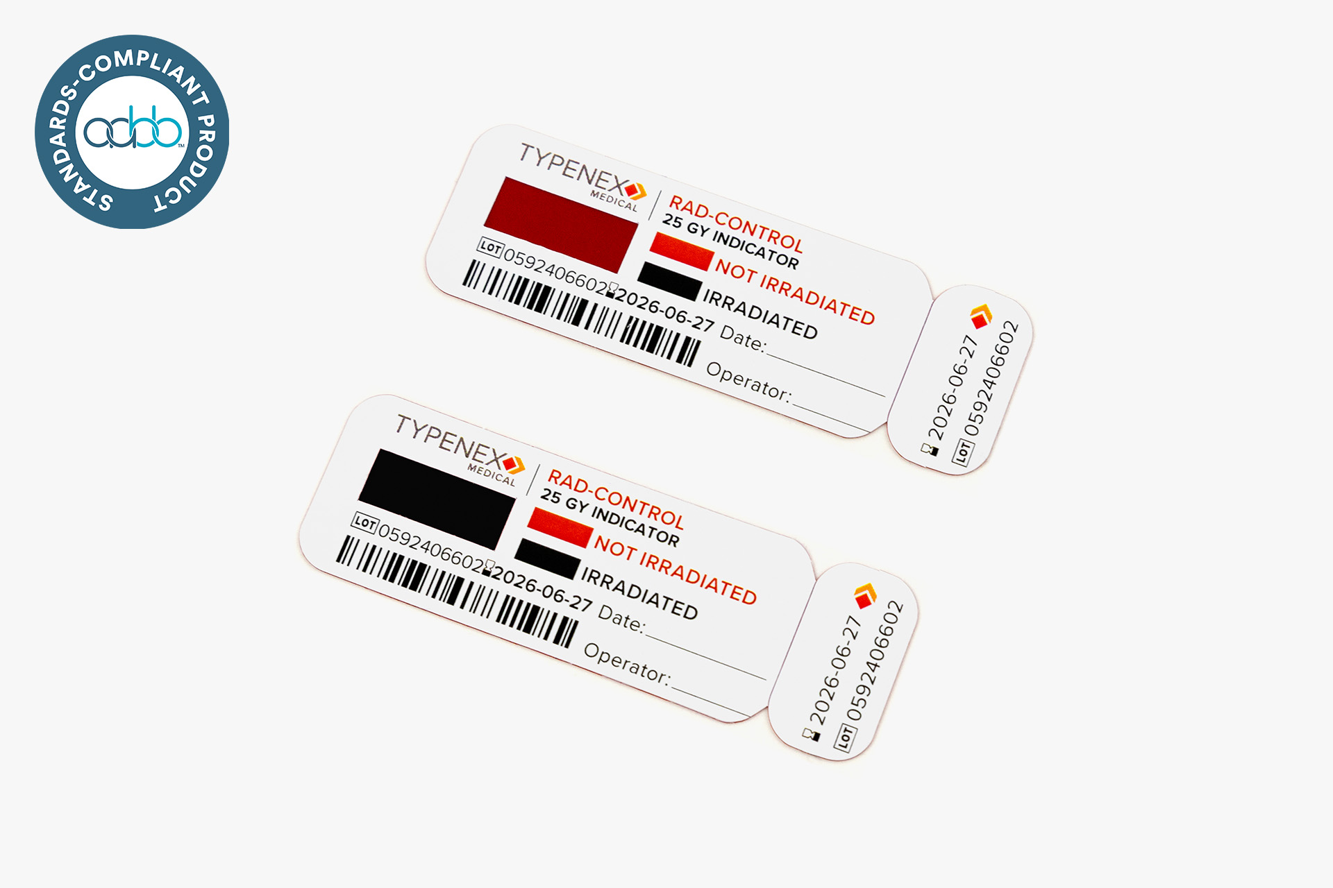 Typenex Medical Rad-Control Universal indicator tags. Top: Not irradiated, red. Bottom: Irradiated, black, verified.