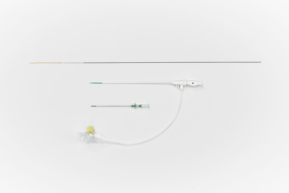 Typenex Medical Micro-Introducer Kit. Nitinol guidewire, green dilator, and echogenic needle.